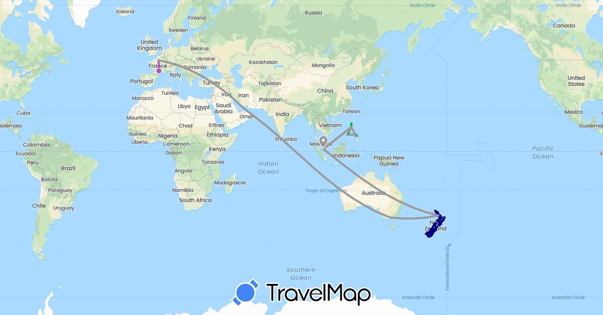 TravelMap itinerary: driving, bus, plane, train, hiking, boat in United Arab Emirates, Australia, France, New Zealand, Philippines, Singapore (Asia, Europe, Oceania)